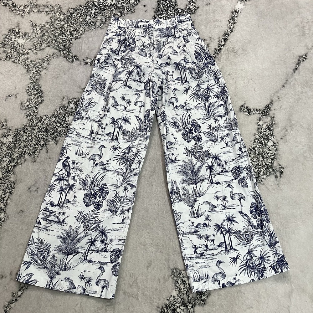 J McLaughlin Womens Size 0 White Blue Tropical Print Wide Leg Pants High Rise